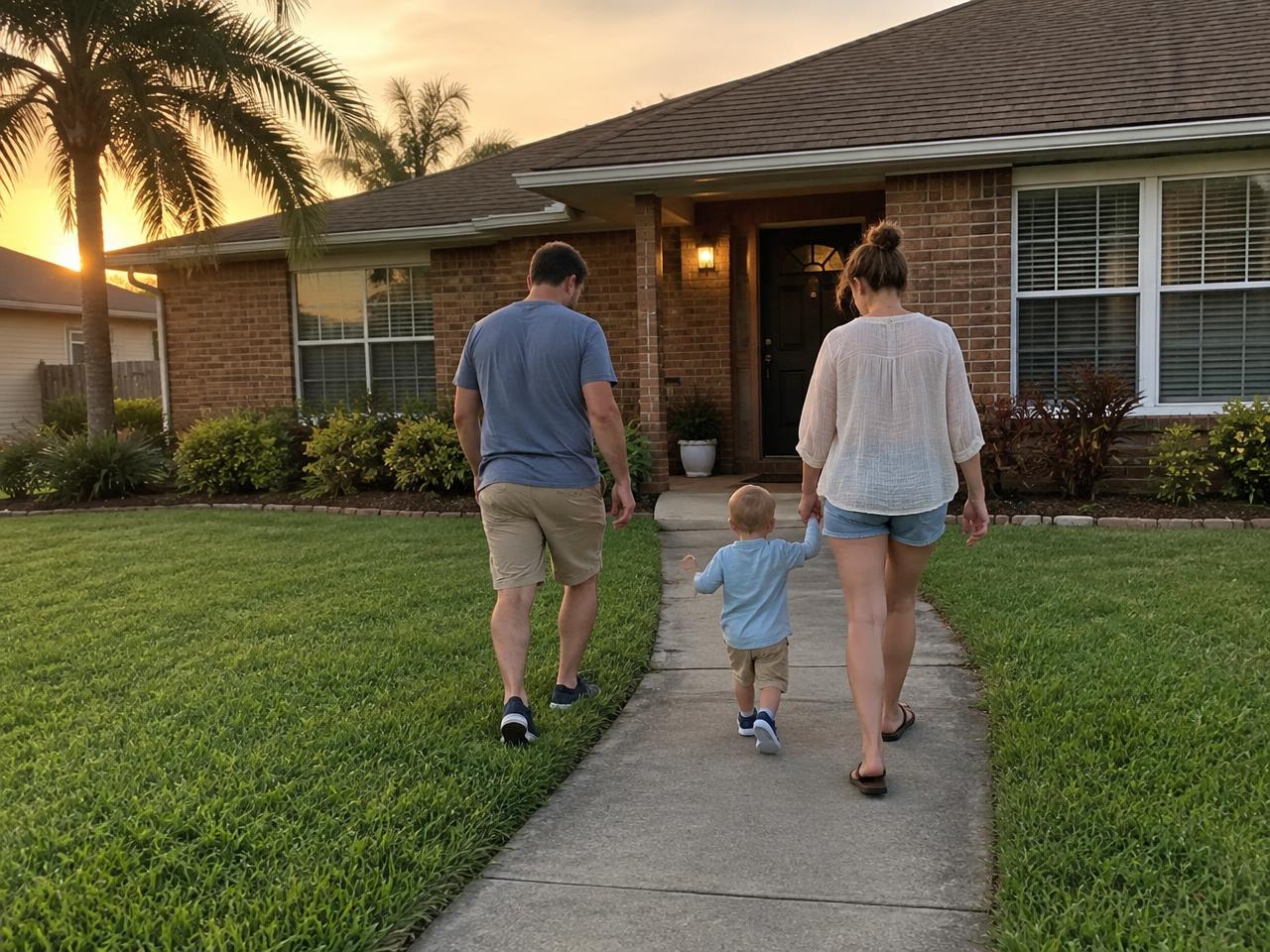 Illustrative photo of a young family walking up the path to a brick home at sunset