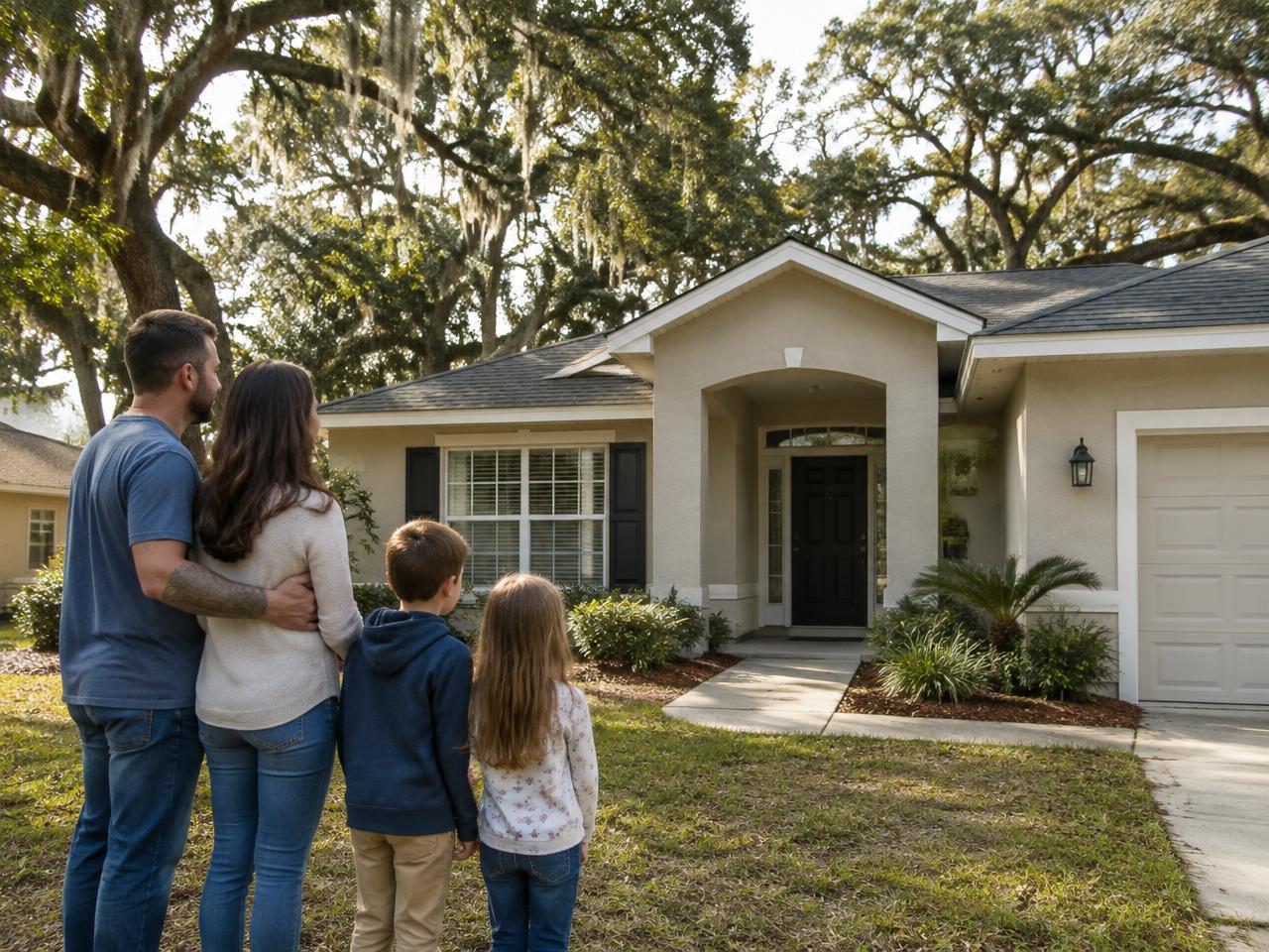 Illustrative photo of a family looking at a single-story stucco home under live oaks